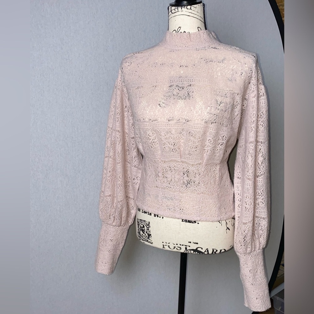 Free People Blush Pink Lace Mock Neck Top Balloon Sleeve Sheer Knit Boho L - Picture 12 of 13